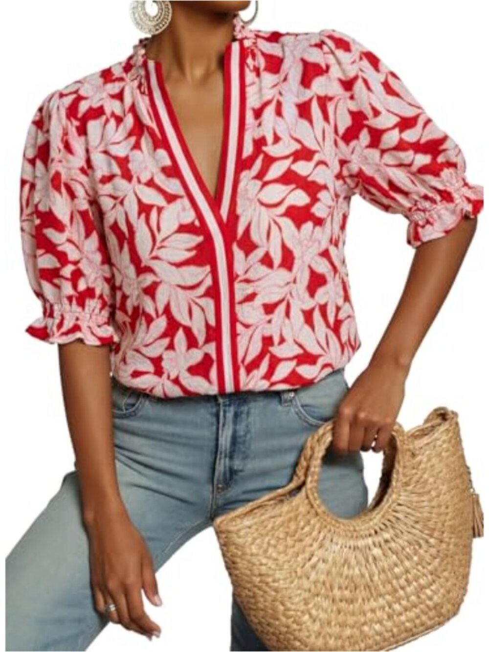 Dokotoo Womens V Neck Ruffle Puff Short Sleeve Floral Blouse Summer Boho Top